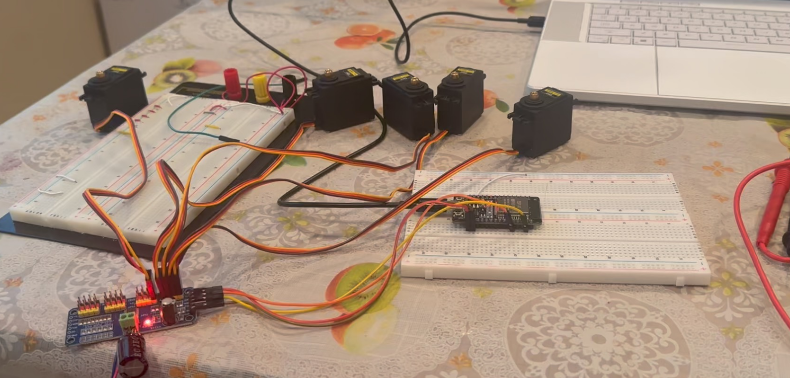 Initial breadboard circuit setup prototyping the ESP32, PCA9685, and servo power rail
