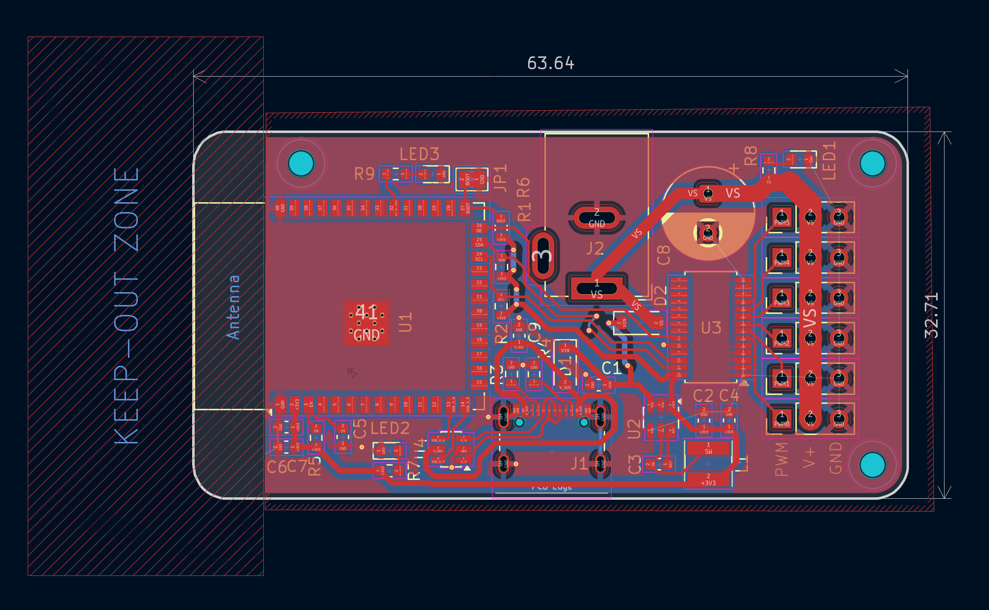KiCad 2-layer PCB trace routing layout with high-current power traces and ground pours