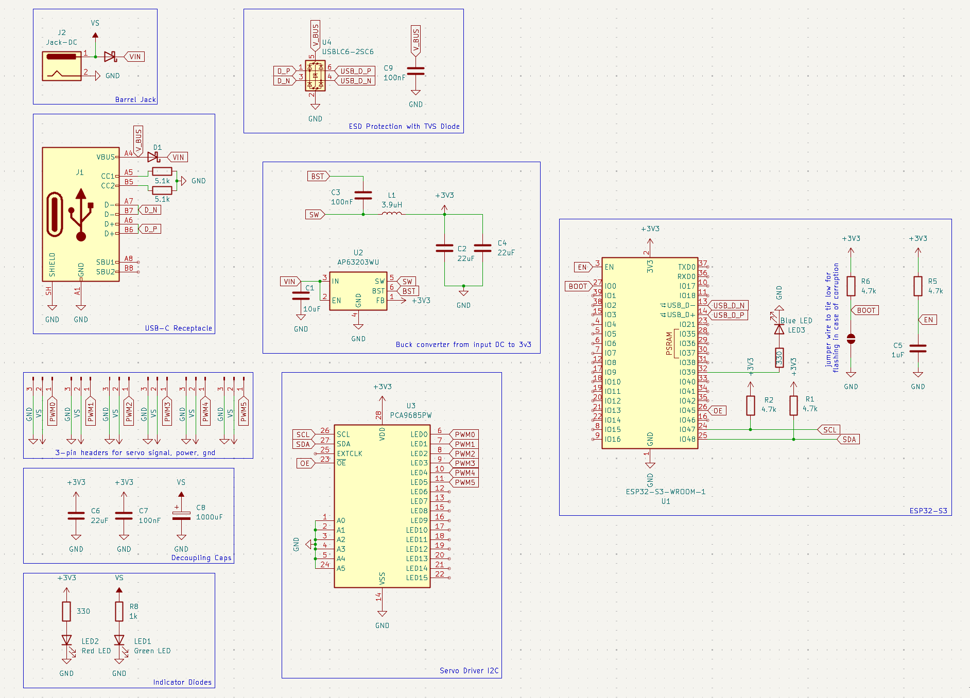 Full PCB Schematic diagram showing ESP32-S3, AP63203 buck regulator, and PCA9685 PWM driver