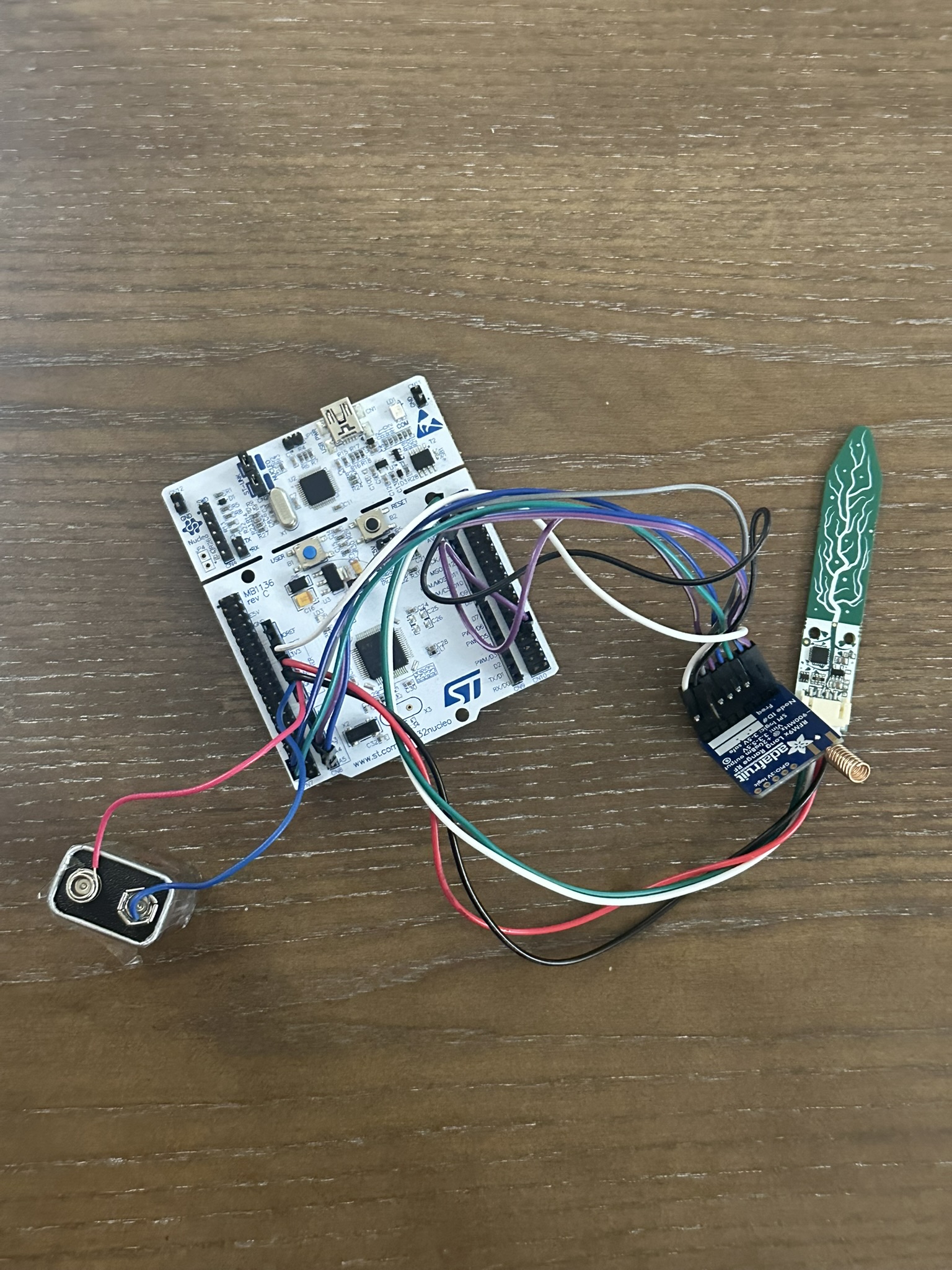Close-up of STM32 sensor edge node wired to capacitive soil sensor over I2C lines